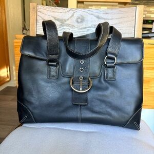 Franklin Covey Black Leather Hand Bag Travel Laptop Tote Purse